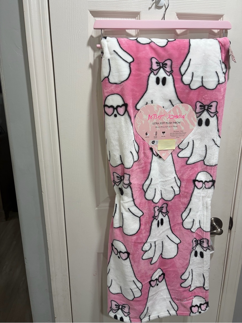 Betsey Johnson Pink & White Ghost Plush Throw Blanket